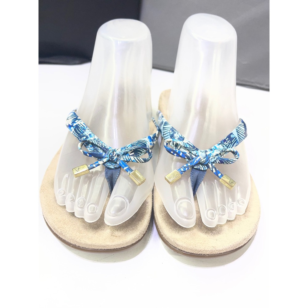 Vionic Blue Tropical Palm Print Bow Thong Sandals Orthotic Flip Flops Size 7.5